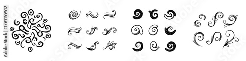 Set of hand drawn black and white swirl and flourish decorative elements