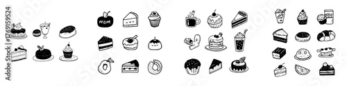 Cute hand drawn icons of assorted desserts and beverages