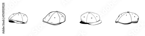 Set of four different styles of flat caps and baseball caps outline drawings