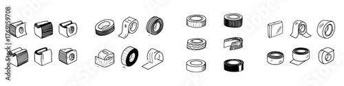 Isometric outline icons of adhesive tape rolls and dispensers