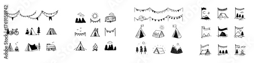 Hand drawn camping and outdoor adventure icons set with tents and flags