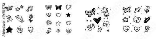 Hand drawn cute nature elements including butterflies stars hearts and flowers