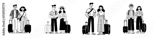 Diverse couples standing with rolling luggage ready for travel and vacation