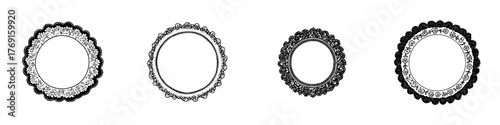 Four decorative black and white circular lace frames and borders set