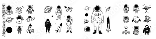 Hand-drawn icons of astronauts, planets, rockets, and alien spacecraft