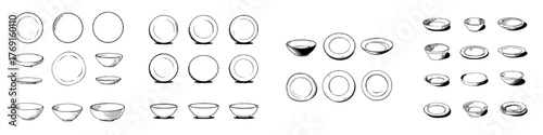 Various dishware and bowls in black and white outline style