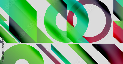 Abstract composition featuring overlapping geometric shapes. Gradients shift from green to red, creating dynamic visual effect. Minimalist design.