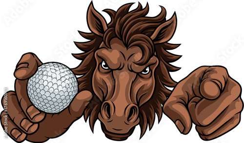 Horse mustang bronco stallion angry golf sports team mascot holding a ball.