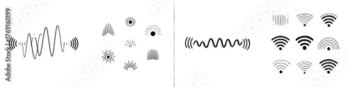 Collection of abstract signal wave and radiating icons in black and white