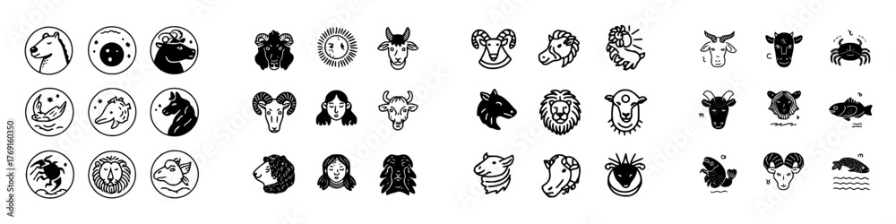 Obraz premium Stylized black and white icons of zodiac signs and various animals
