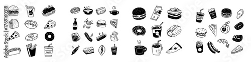 Collection of hand drawn icons for popular fast food items like burgers pizza and drinks