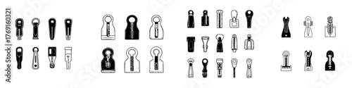Various zipper pulls and sliders in different styles and forms