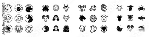 Stylized black and white icons of zodiac signs and various animals