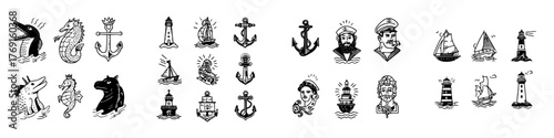 Nautical and maritime themed tattoo style icons set with anchors and sailors