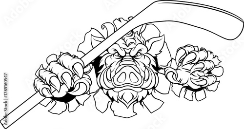 A wild boar, hog razorback warthog pig hockey sports cartoon mascot
