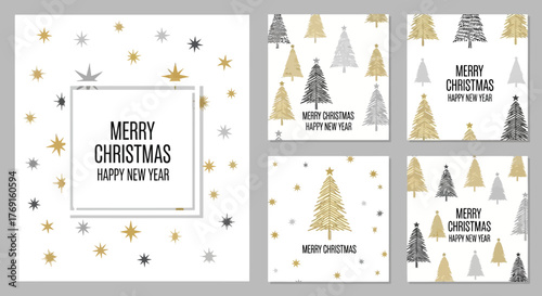 Festive Christmas Tree Greetings Holiday Cards in Gold and Silver