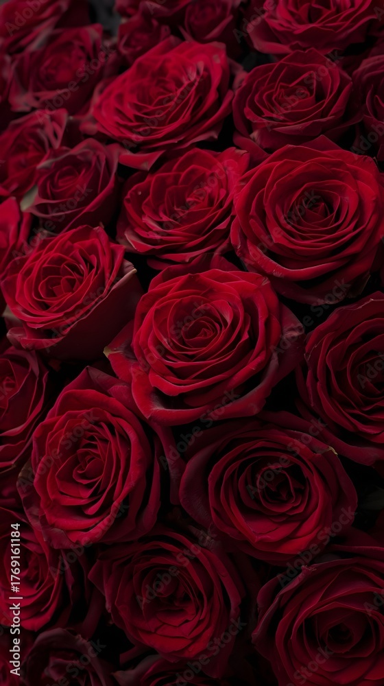 Fototapeta premium Luxurious deep red roses, a symbol of love and passion, captured in a stunning, high-definition close-up