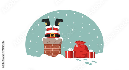 Santa Stuck in Chimney with Christmas Presents Illustration