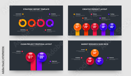 Creative Briefing 4 5 2 3 Option Diagram Slide Layout Set. Enterprise Plan Four Five Two Three Element Chart Frame Template Vector Illustration Bundle.