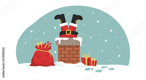 Santa Claus Stuck in Chimney Illustration with Gift Bag and Presents for Christmas Holiday Season