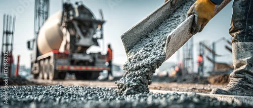 Panel kuchenny z motywem Pouring concrete at construction site with workers and mixer truck in background on a sunny day