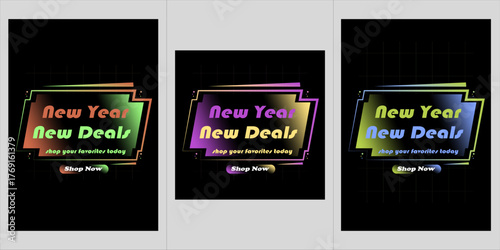 New Year New Deals Sale Banner Set, Neon Gradient Promo Design on Dark Background