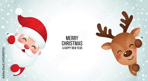 Festive Christmas cheer with Santa Claus and a reindeer peering from edges