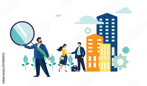 Businessman looking for an apartment, purchase of a turnkey home, rent a penthouse. People, realtor, business with houses, real estate market growth. Living space, contract. Vector illustrations