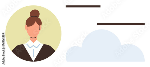 Woman with bun hairstyle in business attire inside a circular frame, adjacent to a light cloud and lines. Ideal for profile, teamwork, network, online communication, business, identity, minimal