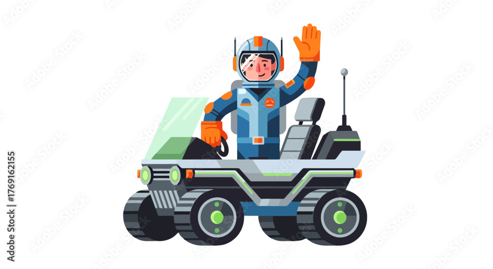 Obraz premium Astronaut Driving Lunar Rover With A Cheerful Wave In Outer Space Adventure