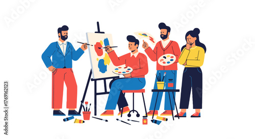 Artists Collaborating In Studio Painting On Canvas With Color Palettes and Brushes