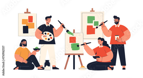 Artists Creating Vibrant Artwork With Paint Brushes And Using A Painting Palette