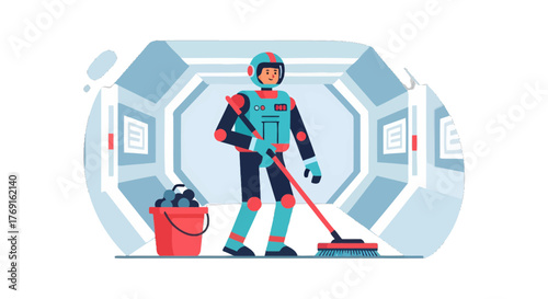 Astronaut Cleaning Futuristic Space Station Showing Daily Routine And Work Duties
