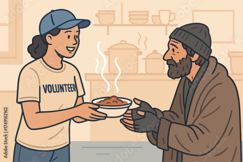a woman gives food to a homeless person