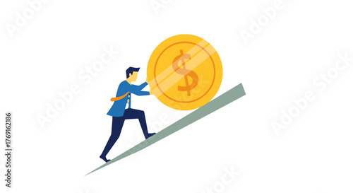 Business Person Ascending Slope While Pushing A Massive Dollar Coin Upwards