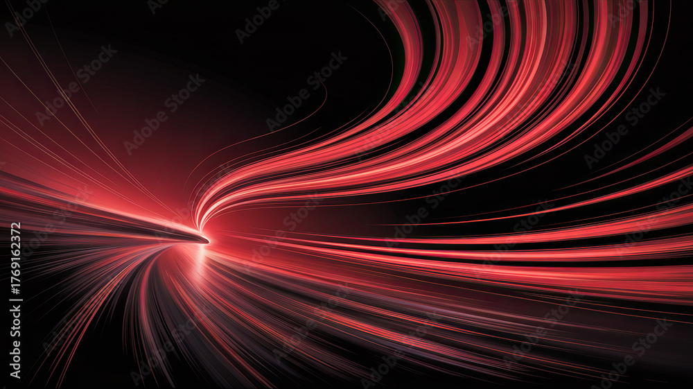 Fototapeta premium Red Light Trails on Black Background: A dynamic visual symphony of red light trails gracefully curves against a stark black backdrop, creating a sense of rapid movement and futuristic energy.