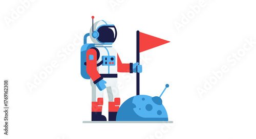 Astronaut Sets Flag On Celestial Body Demonstrating Space Conquest In Flat Graphical Illustration