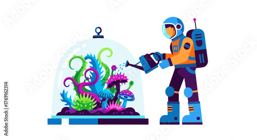 Astronaut Watering Alien Plants In A Terrarium Under a Glass Dome Illustration