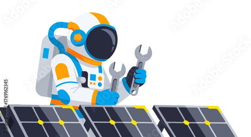 Astronaut Repairing Solar Panels In Space With Two Wrenches On Black Background