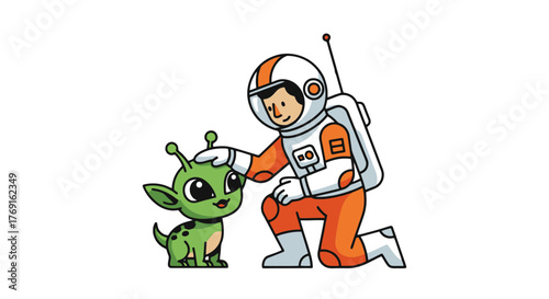 Astronaut Tenderly Caressing An Adorable Alien Creature In Outer Space Friendship Concept