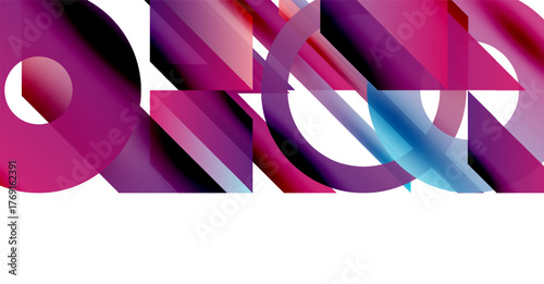 Abstract composition featuring overlapping shapes, gradients. Pink, purple, blue hues dominate white background. Modern design elements present.