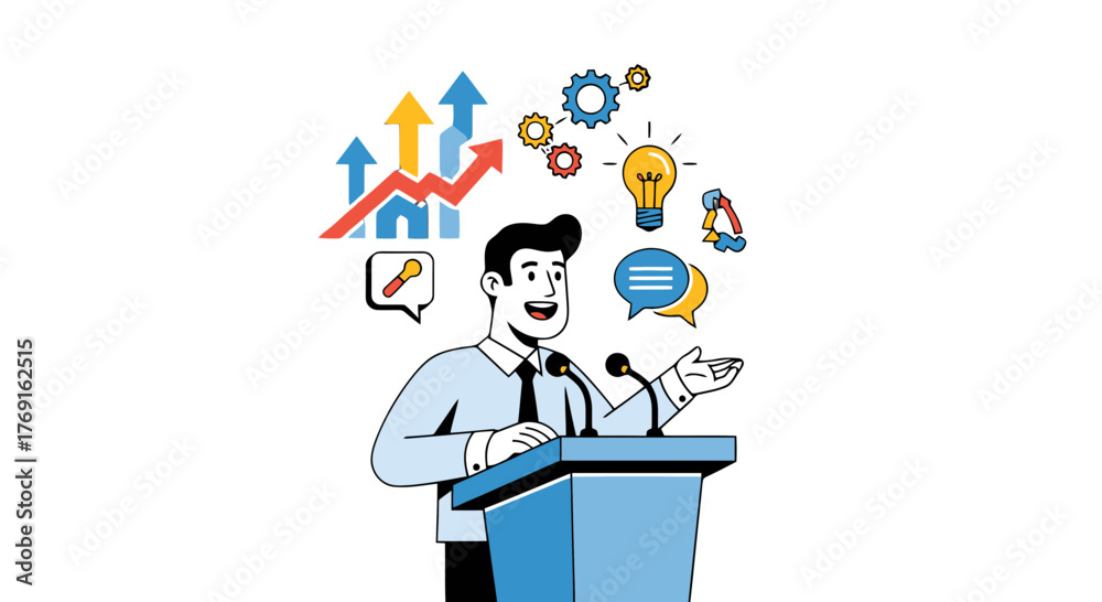 Obraz premium Business Speaker Delivering Presentation With Icons Representing Success and Innovation