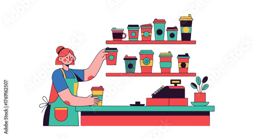 Barista Preparing Coffee Cups and Serving Clients in a Trendy Cafe Environment