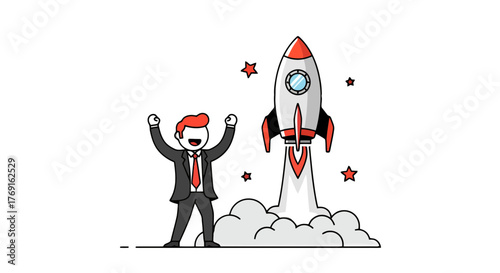 Business Success: A Cheerful, Upbeat Entrepreneur Celebrates Rocket Launch Achievement