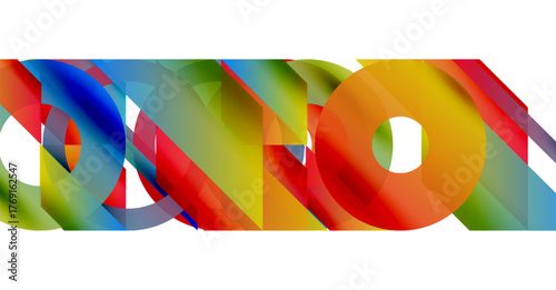 Abstract colorful shapes overlap, creating dynamic visual composition. Bright hues blend, forming interesting patterns.