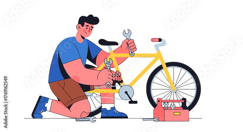 Bicyclist Carefully Repairing His Bicycle With Tools, Isolated on Black Background