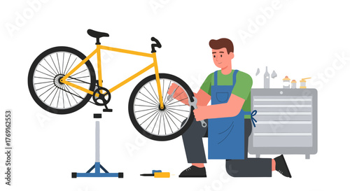 Bike Repair Technician Working On A Bicycle Maintenance On Black Background