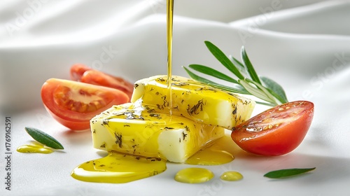 Slice on pure white table with olive oil drizzle, minimalist food styling