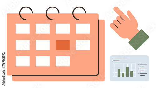 Calendar with marked date, hand pointing gesture, and data chart for organizing schedules, tracking progress, planning, productivity, workflow, prioritization personal or team management. A simple