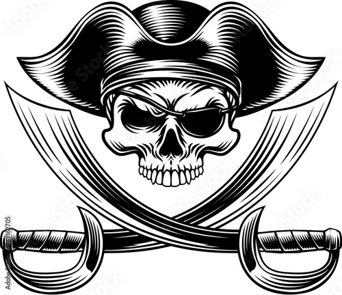 Pirate skull crossbones wearing a tricorn captain hat, eyepatch with crossing sabers or scimitar cutlass pirate swords. In a vintage retro woodcut style.